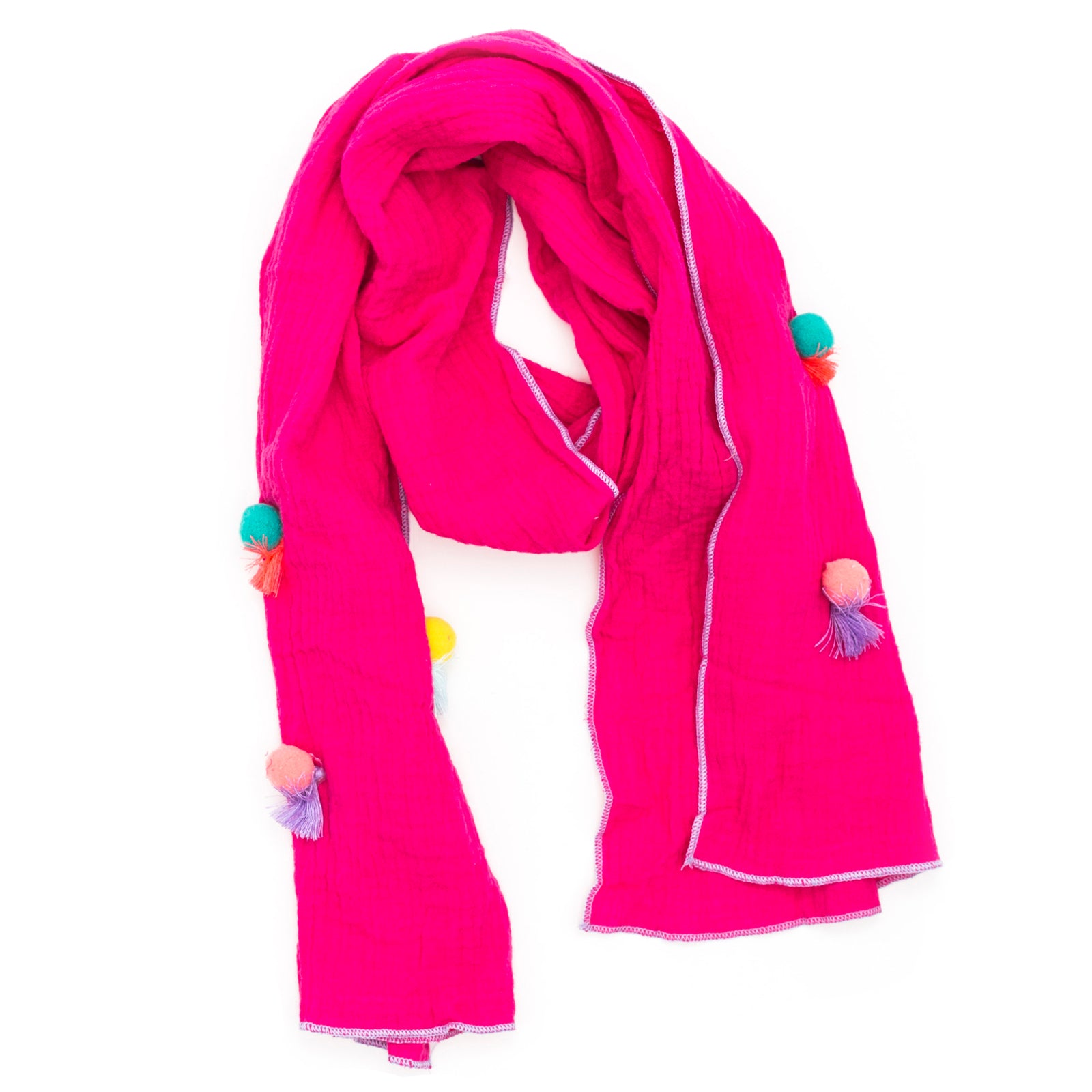 Pom pom with tassels scarf - Hot Pink
