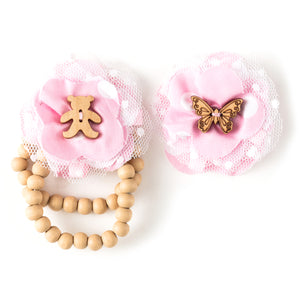 Pink gingham fabric & wooden button bracelet & hair clip set