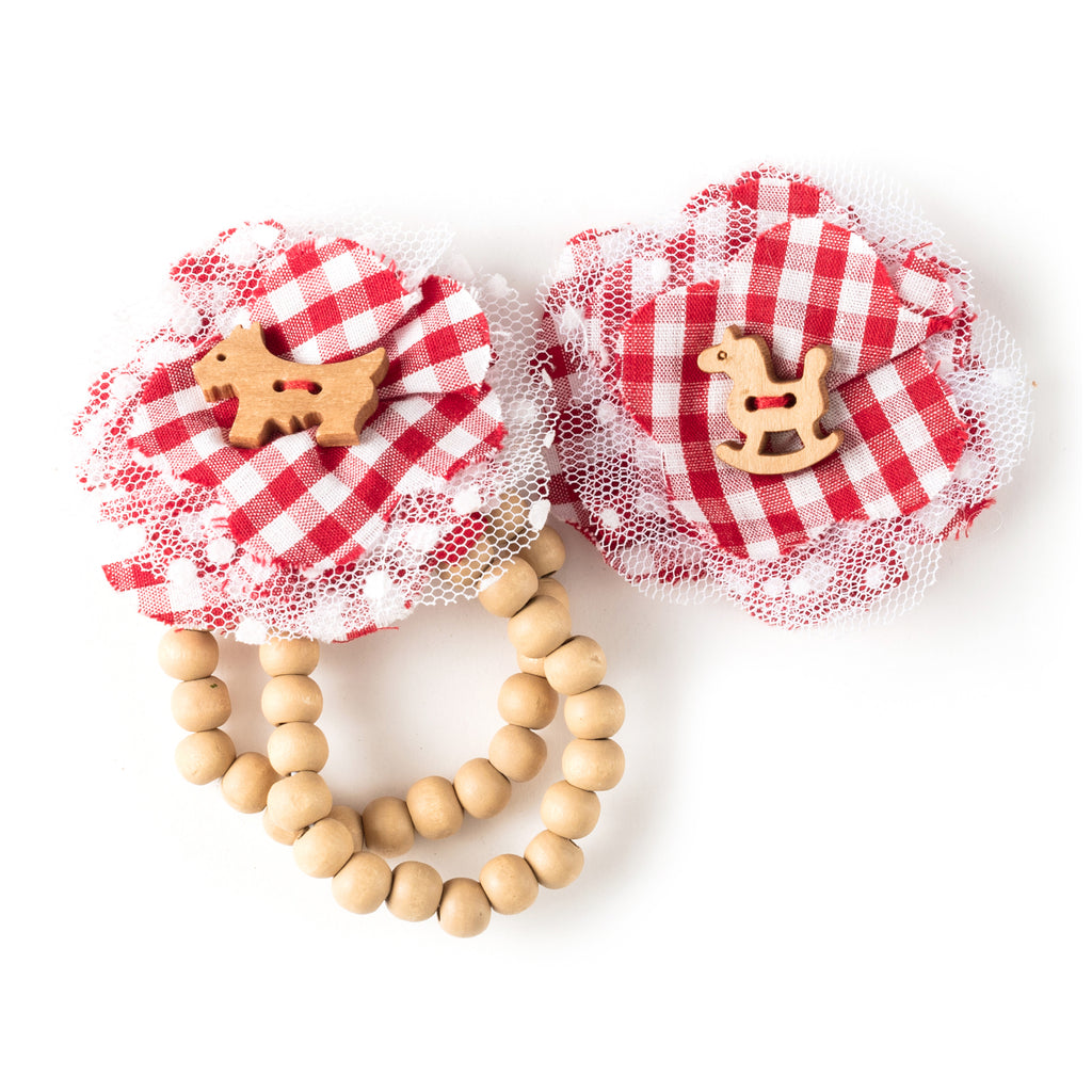 Red gingham fabric & wooden button bracelet & hair clip set