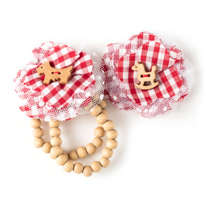 Red gingham fabric & wooden button bracelet & hair clip set