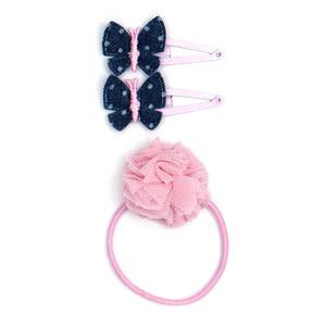 Fabric butterfly clip and pompom hair tie